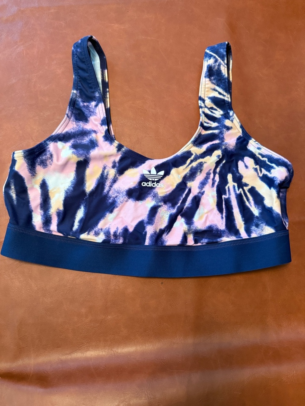 adidas Tie-Dye Scoop Sports Bra in Navy, Pink and Yellow